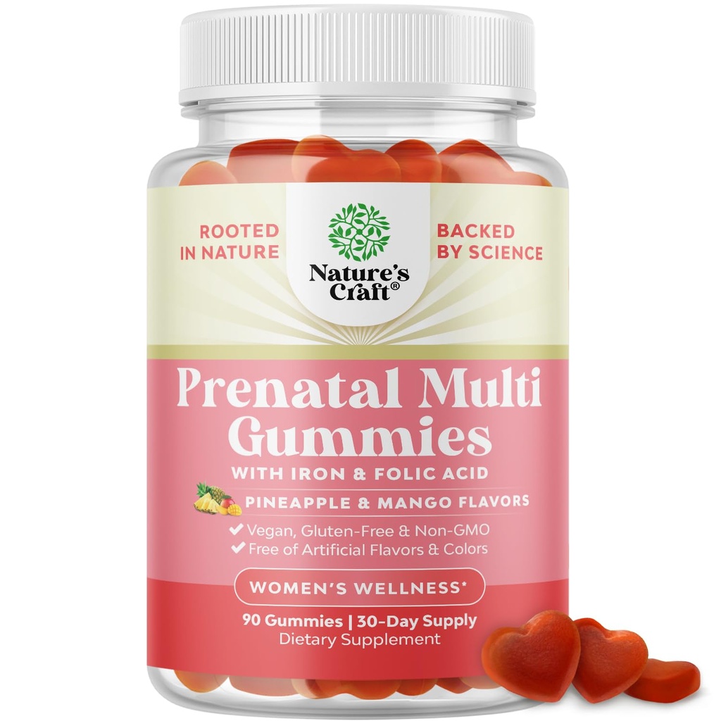 Gommies prénatales véganes pour les femmes - Vitamines prénatales gommy pour les femmes avec acide folique de fer et mélange de surfruit - Vitamines à croquer Formule gommy (mangue des pommes) 1 mois