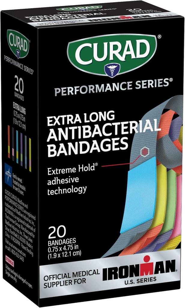 CURAD Performance Serie IRONMAN Antibakterielle Bandagen, Extreme Hold Adhesive Technology, Extra Long Flexible Stoff Bandagen für Schnitte, Scrapes, & Burns, Verschiedene Farben, 0.75 x 4.75 Zoll, 20 Count