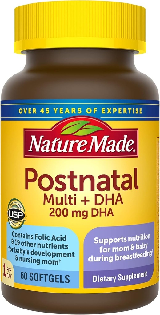 Nature faite multivitamine postnatale + DHA 200 mg, 60 softgels, pour soutenir les mères et les bébés qui allaitent pendant l'allaitement, vitamines et nutriments postnatals inclure le fer, la vitamine D3, le calcium, l'iode