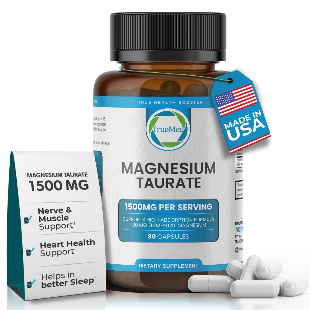 Supplément Taurate de magnésium naturel 1500 mg avec 90 capsules - 30 jours d'approvisionnement pour le soutien du sommeil, la santé cardiaque, la relaxation, l'équilibre de la pression artérielle et le renforcement énergétique