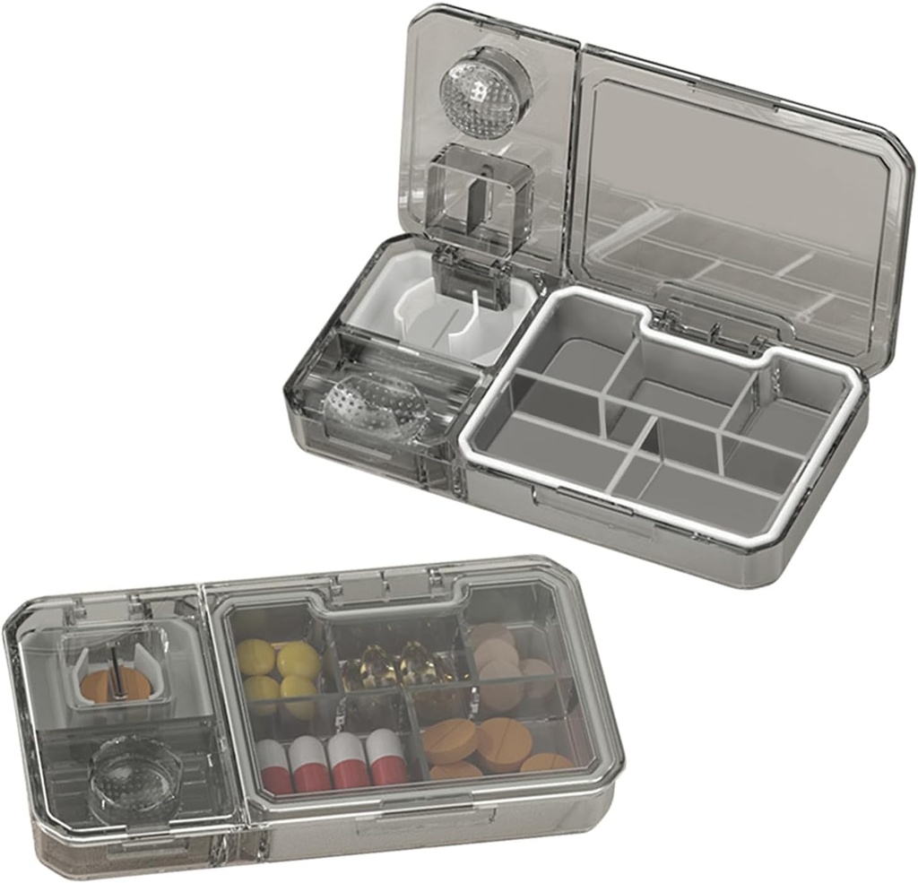 Daily Pill Box with Cutting and Grinding, Teeloray Travel Pill Box Organiser, BPA Free Pill Case Sealed Moistureproof Portable, Medicine Storage Box for Vitamin/Medication/Tablets/Supplements (Grey)