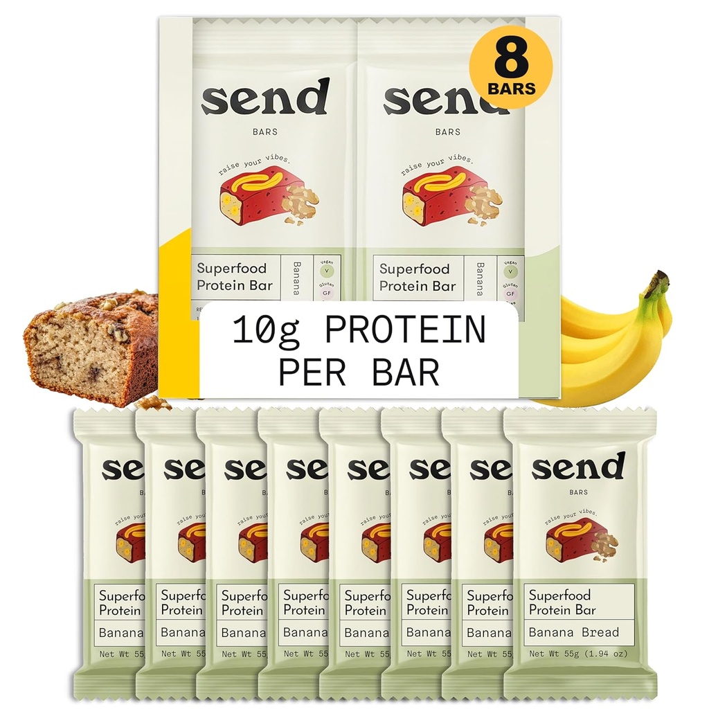 Senden Bars Pflanzenbasierte Vegan gesunde Protein Bars, mit Grüns (Banana Brot, 8 Bars) – Nur echte Zutaten, Zero Added Sugar, Glutenfrei, Dairy-Free