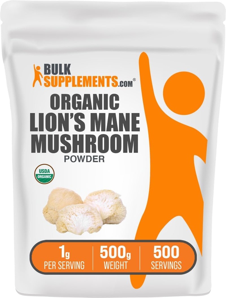 BulkSupplements.com Poudre de champignons bio Lions Mane - Poudre de champignons Lions, Supplément de champignons - Vegan & Gluten Free, 1g par portion, 500g (1,1 lb) (paquet de 1)