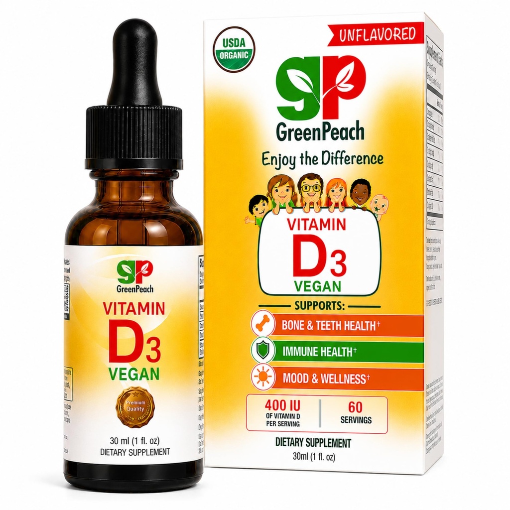 GreenPeach Liquid Vegan Vitamine D biologique 400 à 1600 UI - D3 gouttes pour les enfants, les bébés et les nourrissons, Vitamine D gouttes pour bébés, naturel, 60 portions