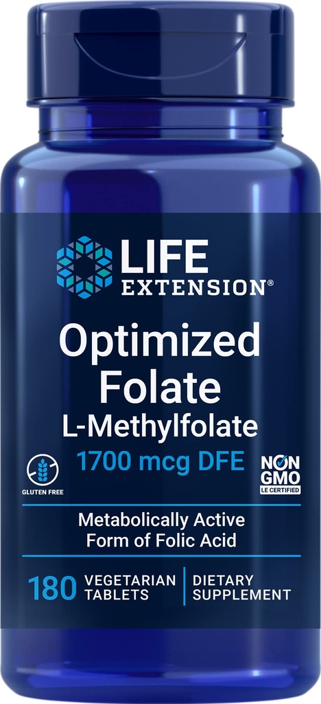 Prolongation de la durée de vie Folate optimisé (L-méthylfolate) 1700 mcg DFE, 180 comprimés de légumes