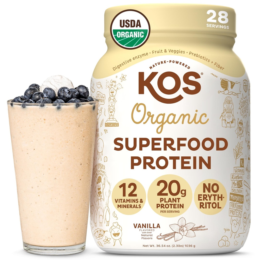 KOS Vegan Protein Powder Erythritol Free, Vanilla USDA Organic - Pea Protein Blend, Pflanzenbasierte Superfood Rich in Vitaminen & Minerals - Keto, Dairy Free - Meal Replacement for Women & Men, 28 Servings