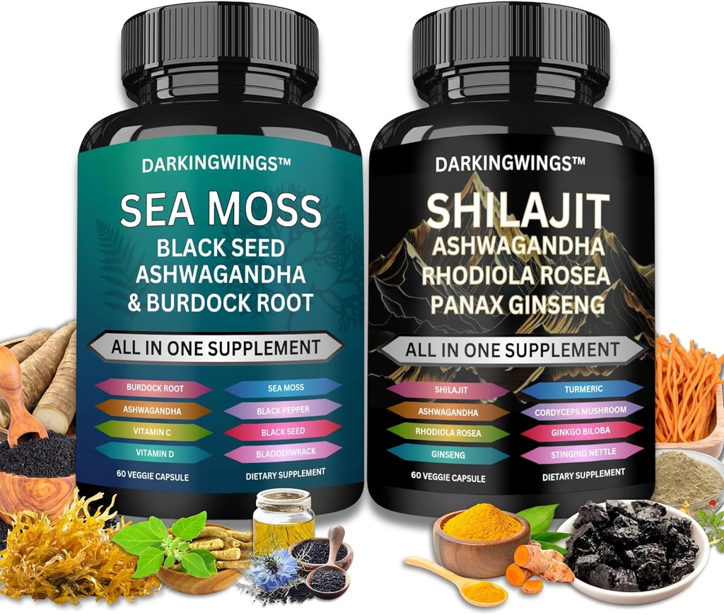 Shilajit and sea moss combo -Sea Moss 3000mg, Black Seed Oil 2000mg, Ashwagandha 2000mg, Shilajit 9000mg, Rhodiola Rosea1000mg,Panax Ginseng1500mg | sea moss und shilajit Bündel, alle in einer Ergänzung