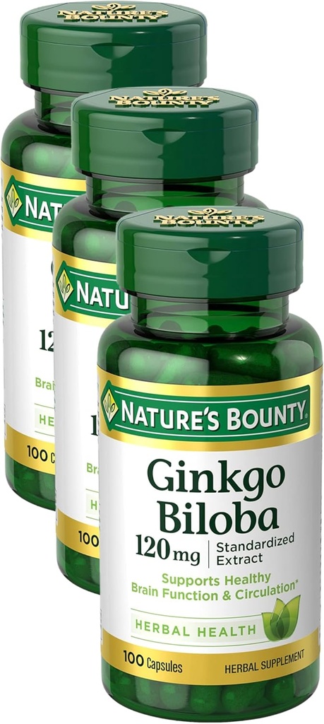 Nature's Bounty Ginkgo Biloba Capsules 120mg, Memory Support Supplement, unterstützt Gehirnfunktion und Psychische Alertness, 100 Kapseln (Pack von 3)