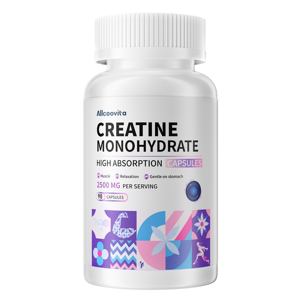 Kreatin Monohydrat Kapseln -3 Kreatin Kapseln pro Servieren, 2500mg, Glutenfrei, 90 Kapseln