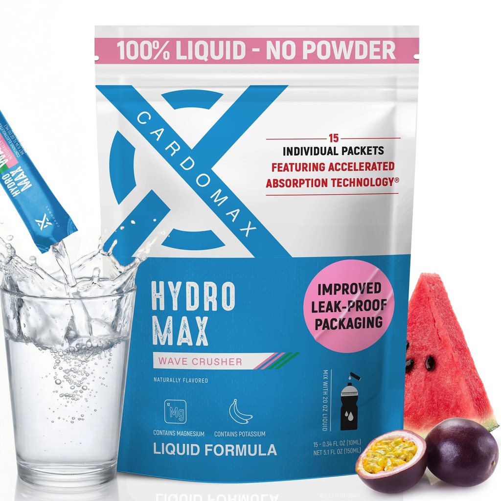 CardoMax Hydromax Mélange de boissons électrolytiques –Wavecrusher Flavor 15 emballages liquides avec potassium et magnésium – Zéro sucre, kéto et électrolytes végétaliens pour l'hydratation rapide et supplément de récupération
