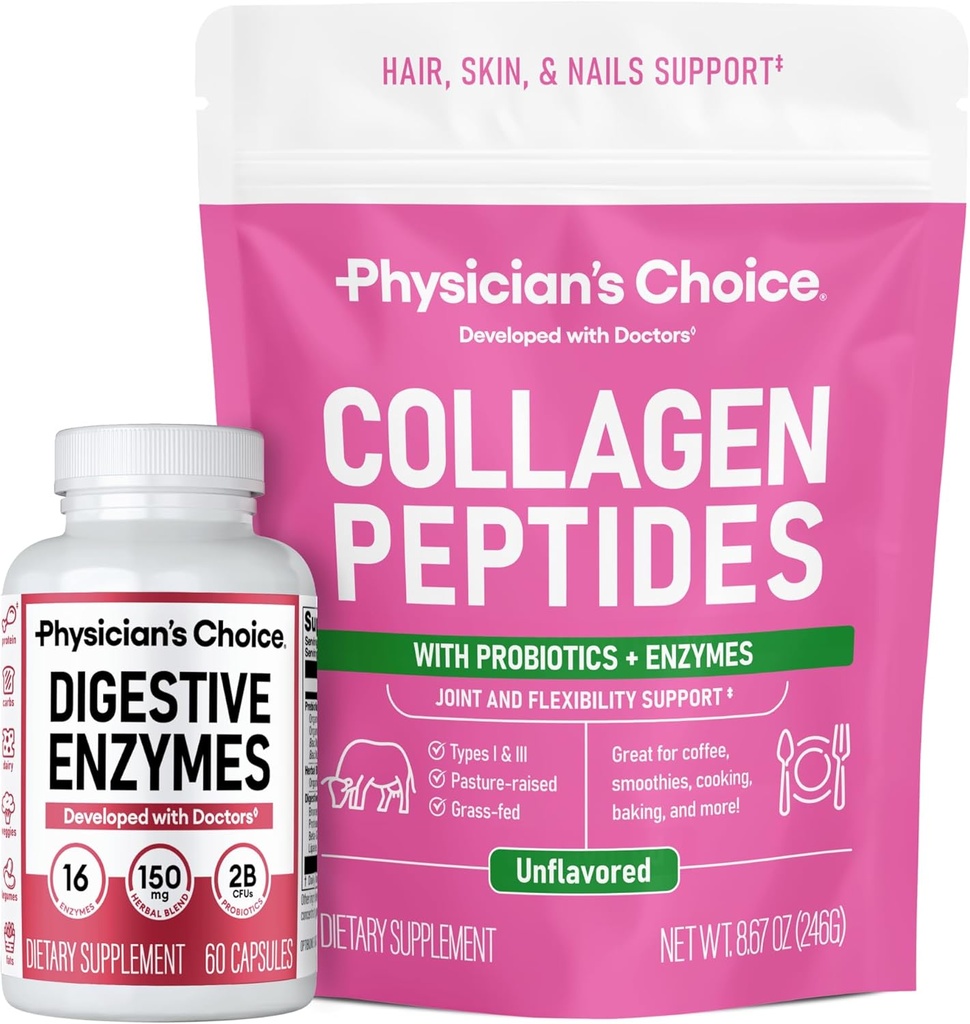 CHOIX du physicien - Ensemble complet de santé Gut : Collagène Peptides Poudre + Enzymes digestifs 60ct pour le confort digestif, la récupération d'entraînement, et la peau, ongles et soutien articulaire