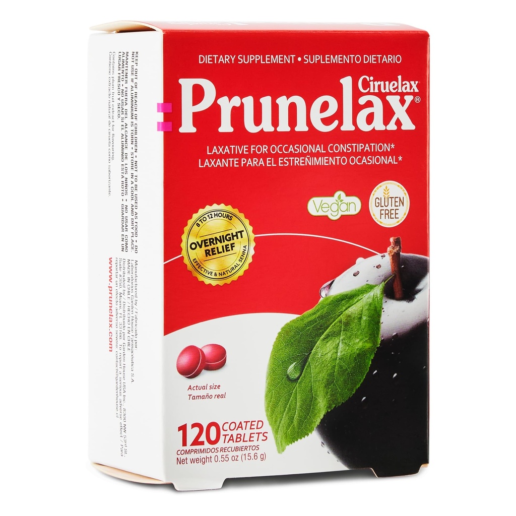 Prunelax Ciruelax Regelmäßige Stärke Laxative Mini Tablets - Übernachten Relief für okzionale Verstopfung, Senna Extract, Vegan & Glutenfrei, Sanftes Relief - 120ct