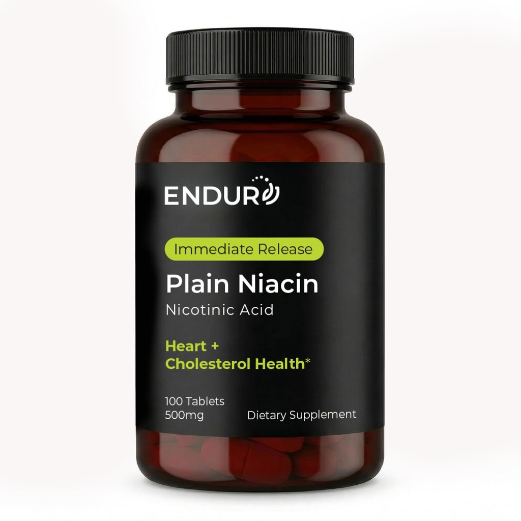 Endur Plain Niacine (acide nicotinique), Supplément santé cardiaque et équilibre du cholestérol sain, formule de libération immédiate, sans gluten, 500mg (100 comprimés)