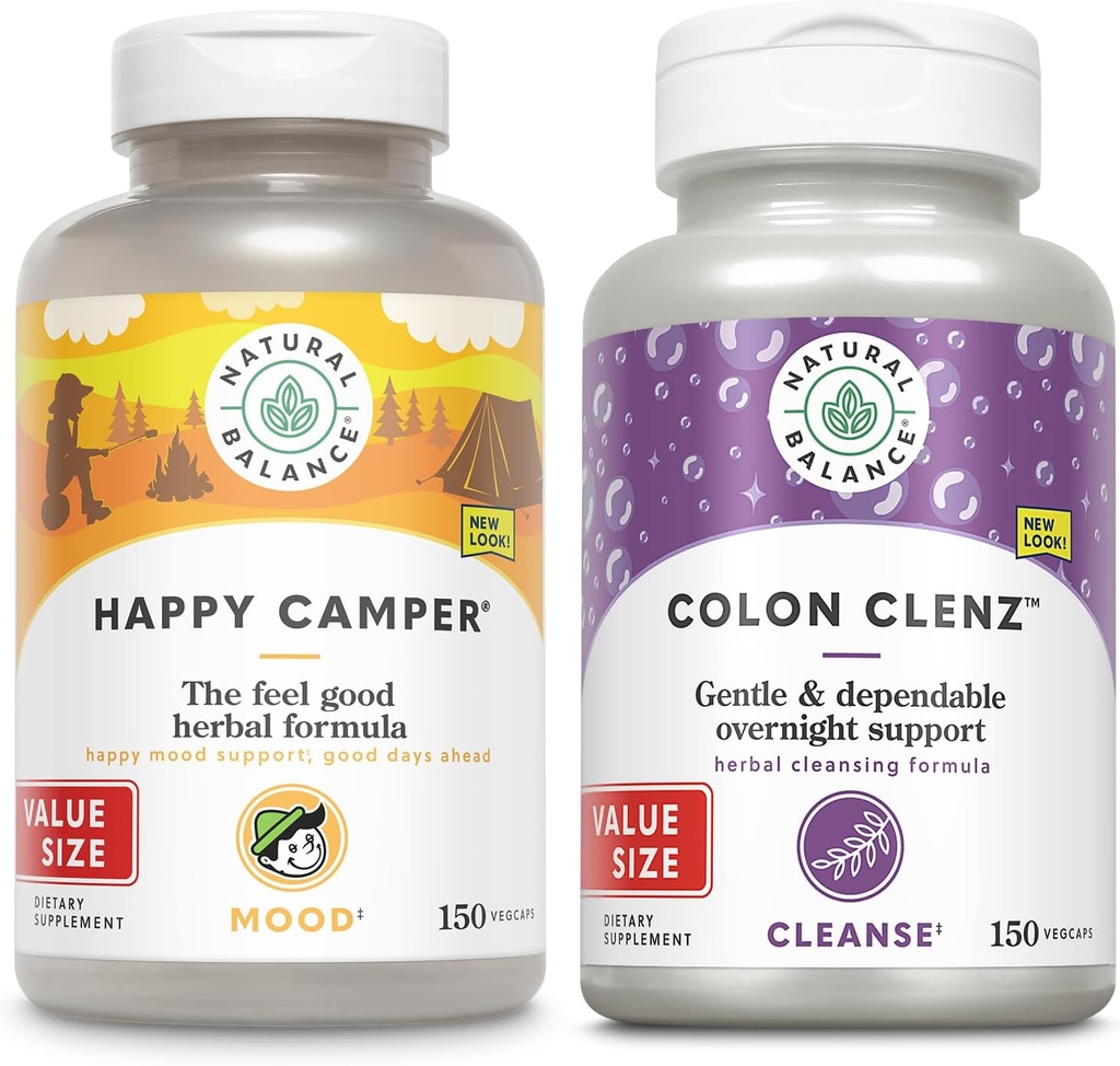 Balance naturelle Happy Camper and Colon Clenz Bundle - Sentiment-Bon Mood Support Plus Herbal Colon Cleanse and Detox - Garantie de 60 jours - 75/150 portions, 150/150 VegCaps