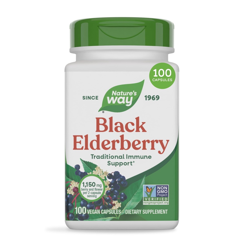 Nature's Way Black Elderberry Kapseln, Traditionelle Immununterstützung* Ergänzung mit Elderberry und Elderflower, Plant Powered, 100 Kapseln (Packaging May Vary)