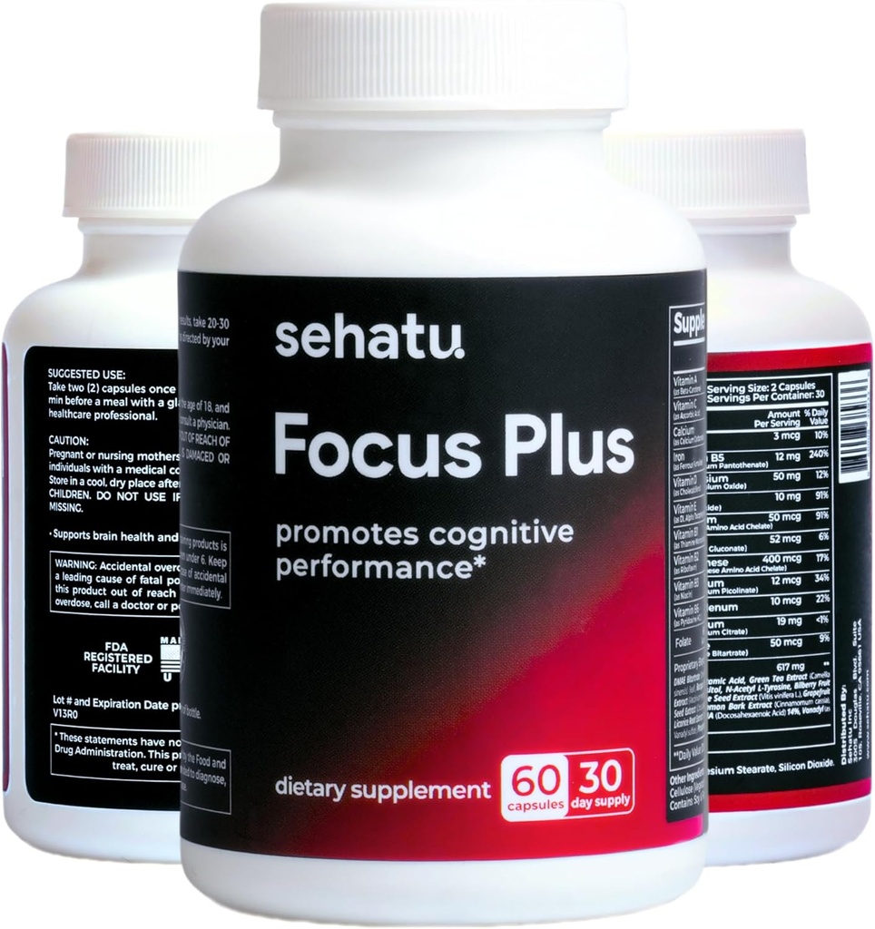 Focus Plus Cognitive Performance Enhancer | with N-Acetyl L-Tyrosine, DMAE Bitartrate, GABA, Glutamic Acid | Boosts Focus, Enhances Memory, Supports Brain Health | 60 Count | 30 Day Supply