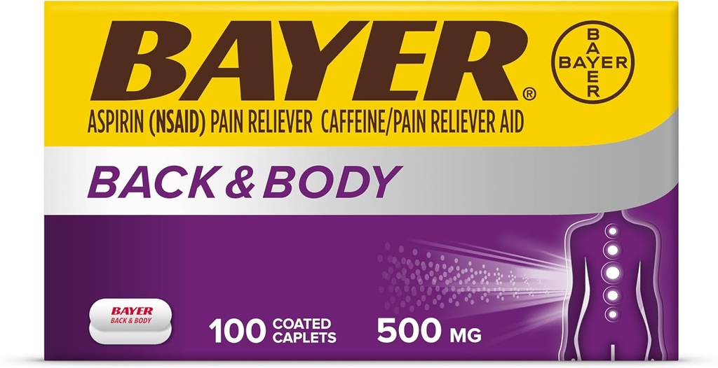 Bayer Back & Body Extra Strength Aspirin, 500mg beschichtete Tabletten, schnelles Relief auf der Website des Schmerzes, Schmerzlinderung mit 32,5mg Koffein, 100 Zähler