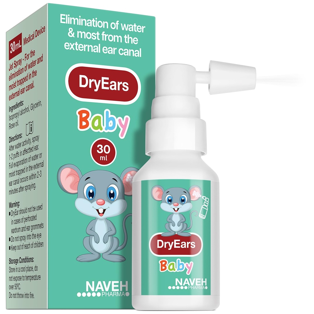NAVEH PHARMA® Dry Ears Baby | Schwimmer Ohr Tropfen Spray | Ohr Trockentropfen für kleine Schwimmer | Entfernen Wasser in Ohren in Sekunden | Verhindern Hörverluste (1 Fl Oz)