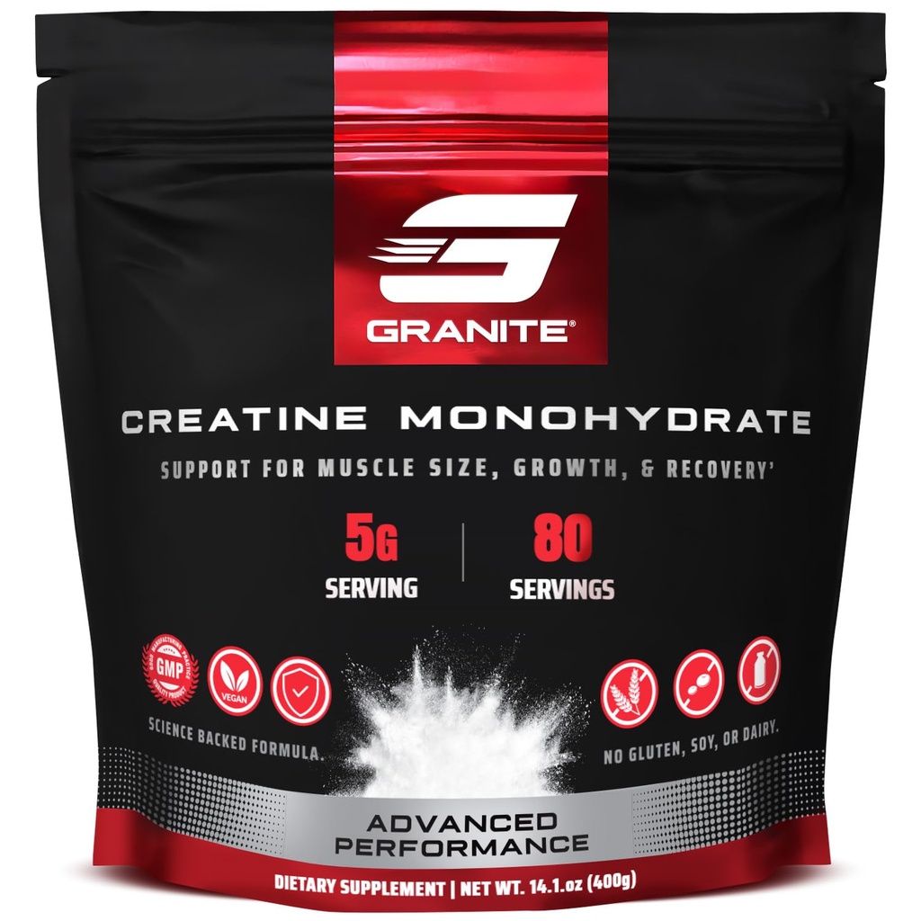 Monohydrate de granite créatine, soutient la force, l'endurance et la récupération musculaire, la créatine pour les hommes et les femmes, sans soja, sans lait, sans gluten (80 portions)