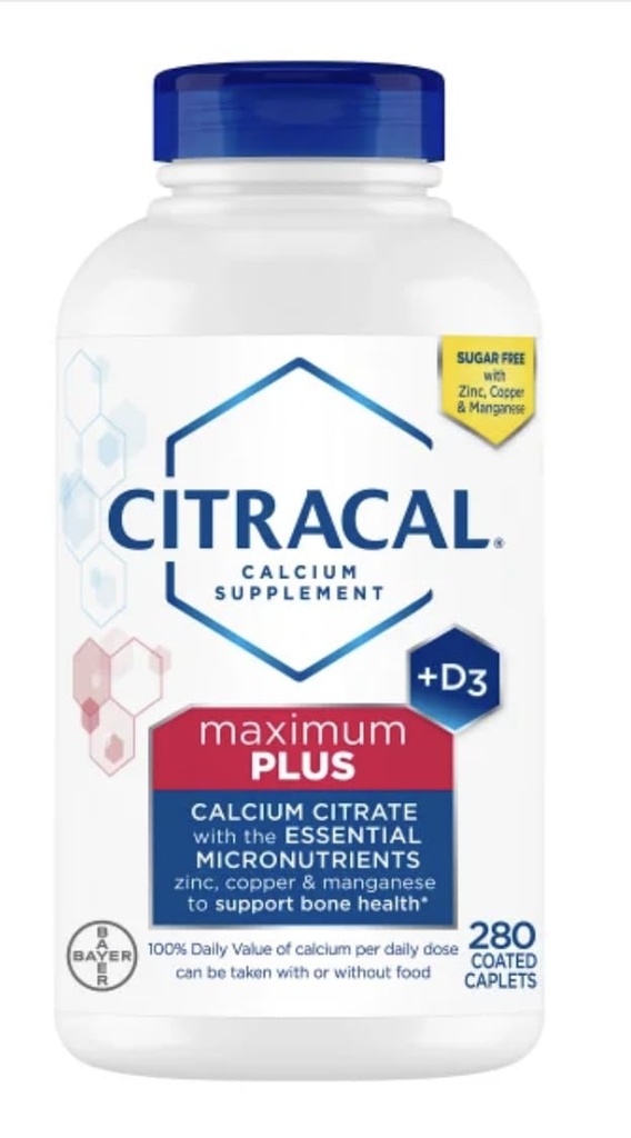 Supplément Citra-Cal+D3 avec Zinc, Cuivre, Magnésium, Maximum Plus, 280 Compte