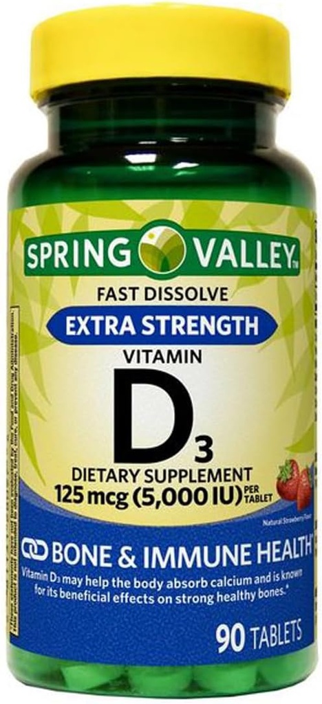 Extra Strength Vitamin D3 Fast Dissolve Tabletten Nahrungsergänzung, 125 Mcg (5.000 IU), Erdbeeren Geschmack, 90