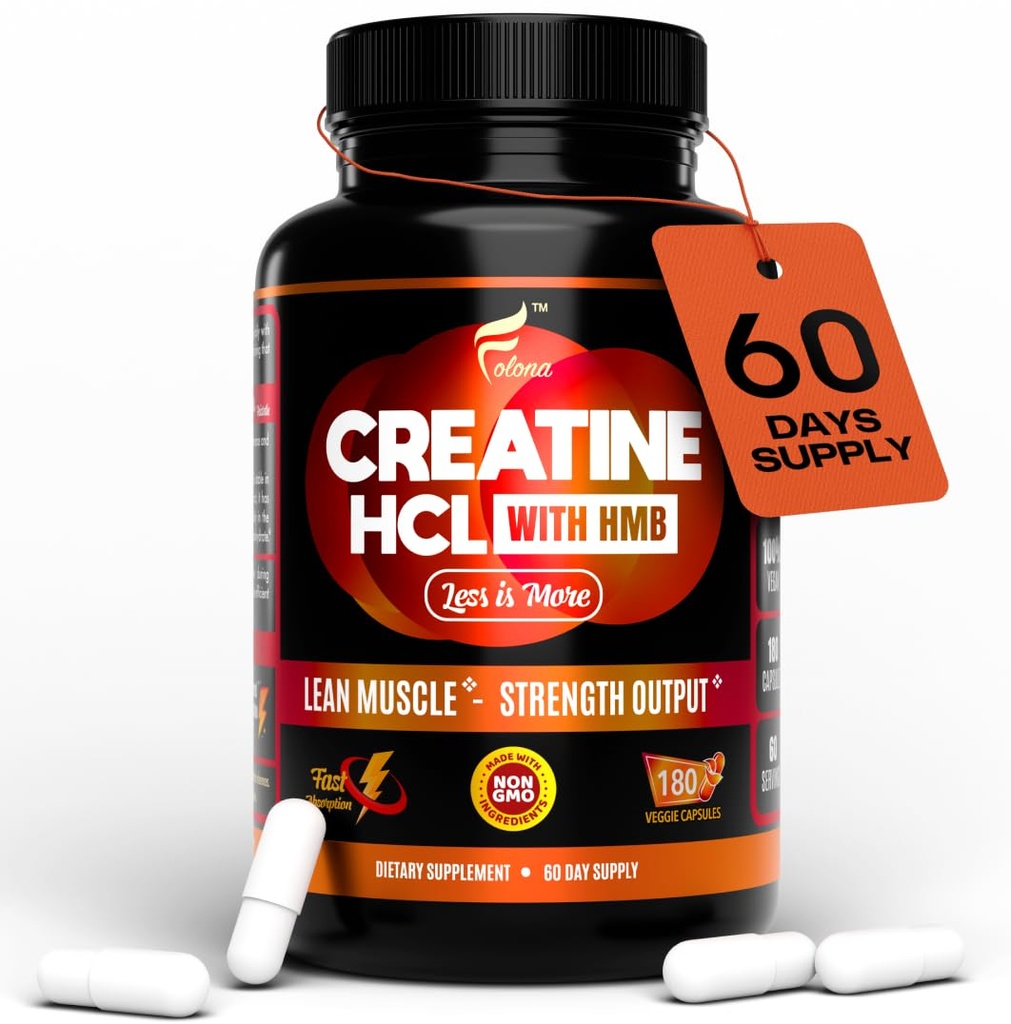 Creatine HCL Capsules avec HMB - Supplément d'entraînement pour les hommes et les femmes, Constructeur musculaire, Endurance, Force, Supérieure à Monohydrate: Instantanée pour l'absorption maximale, Sans charge, Sans Bloat, 180 Capsules Vegan