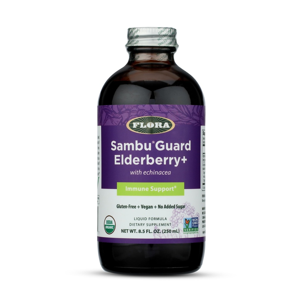 Flora Organic Black Elderberry Syrup + 8,5oz - Immun Booster mit Echinacea, für Kinder & Erwachsene, Ohne Zusatz von Zucker, Glutenfrei, Vegan, SambuGuard