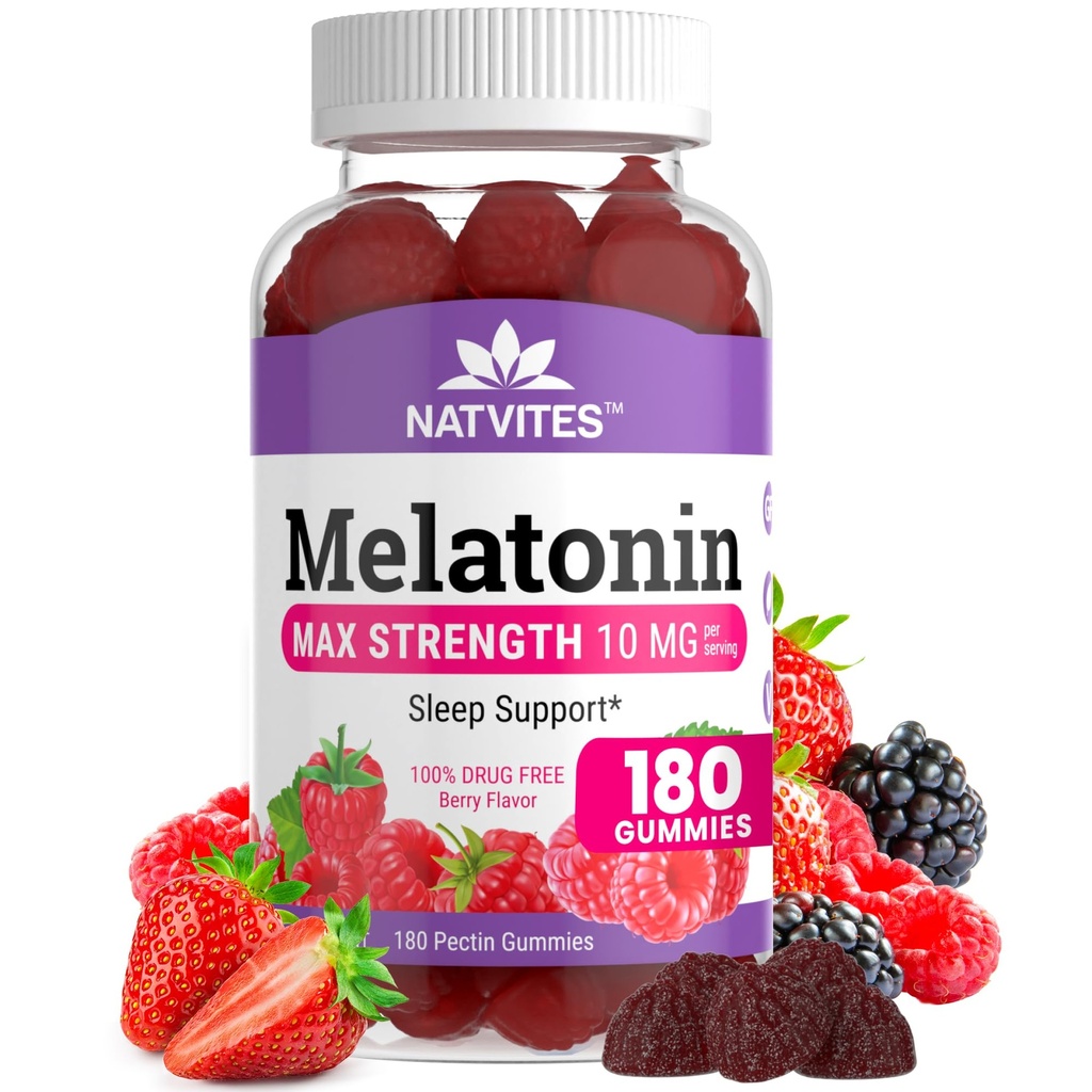Mélatonine Gummies Max Strength 10mg Gummies de pectine, aide avec le soutien du sommeil, Gummy Berry Flavor, 100% sans médicament, 180 Compte (paquet de 1)