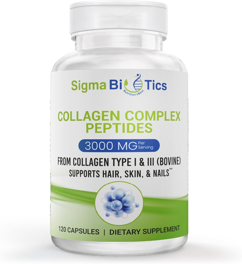 Sigma Biotics Collagen Peptide - Hydrolysierte Kollagenkapseln für Haare, Haut, Nägel und Gelenkunterstützung - High-Strength Collagen Supplements mit Typ I & III - 3000 mg pro Portion - 120 Pillen