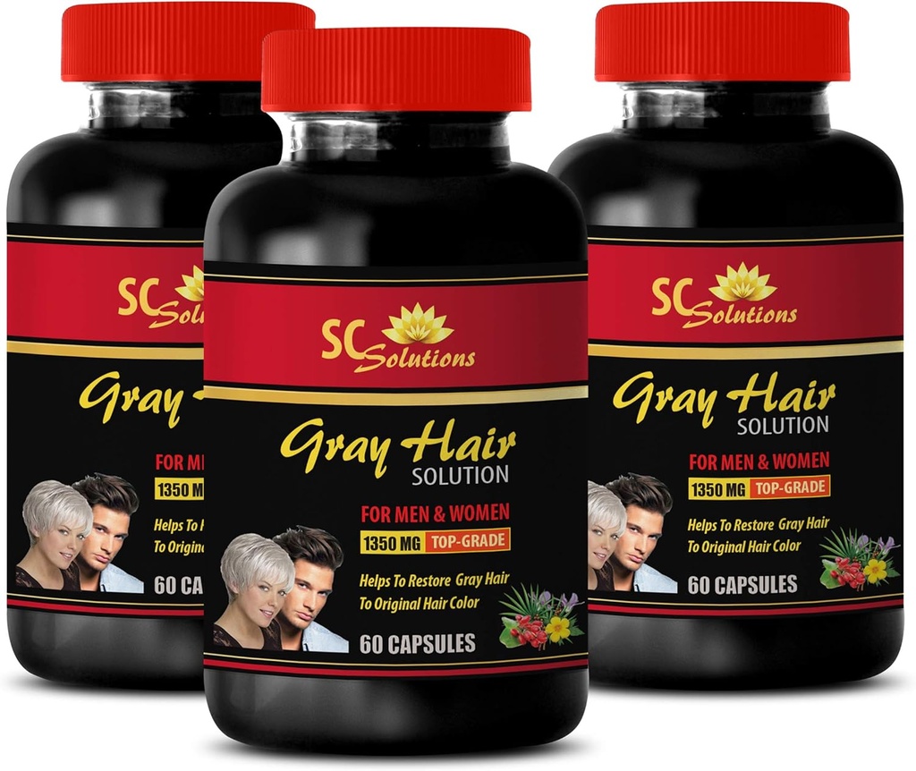 Energy Pills - Anti-Gray Hair Solution - for Men and Women - Folic Acid, Biotin, Pantothenic Acid, Catalse, Horsetail, Saw Palmetto, PABA, L-Tyrosine, Nettle, Chlorophyll, Fo Ti, Barley 3B 180 Caps