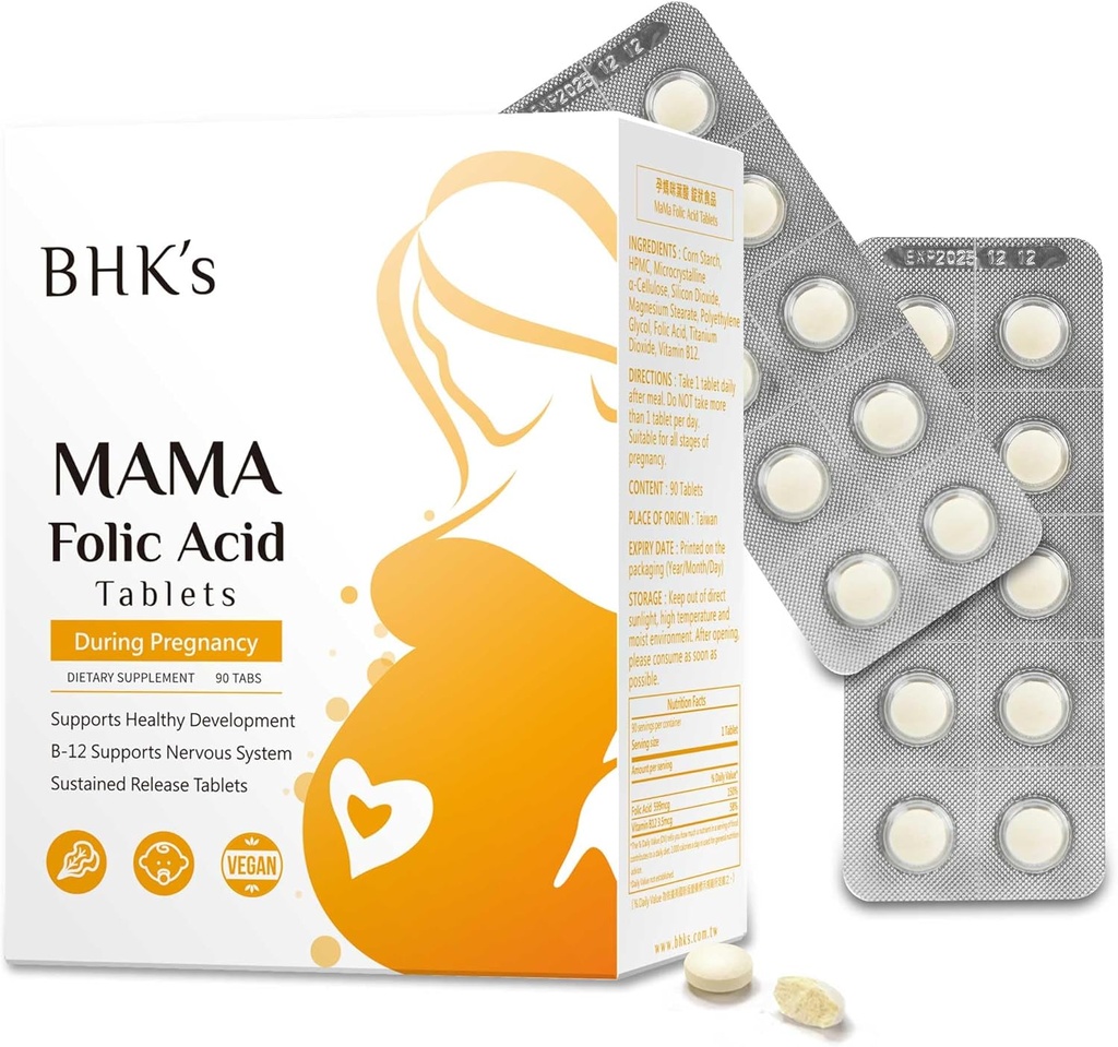 BHK's Folsäure, vor während nach der Schwangerschaft, unterstützen Baby Nervous System Entwicklung, essentielle Vitamine für Mama & Baby, 90 Tabletten