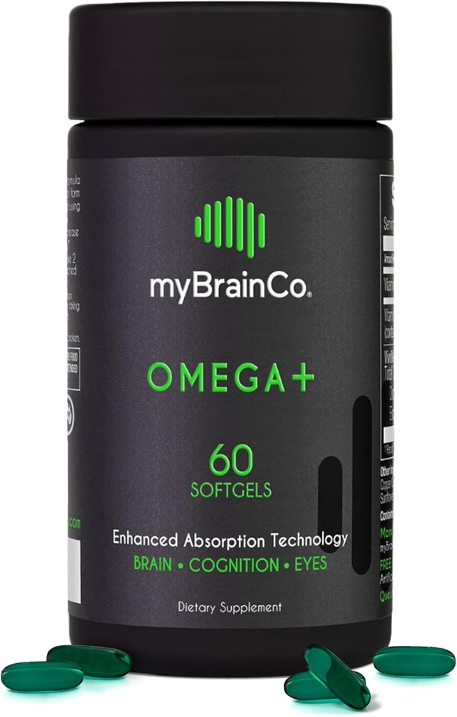 myBrainCo - OMEGA+ - EPA DHA Omega 3 Supplement mit Tocotrienols Vitamin E - unterstützt Gehirngesundheit, Kognitive Funktion, Stimmungsausgleich, Augengesundheit &amp; Immunität - Gehirngesundheitsergänzung (60 Softgels)