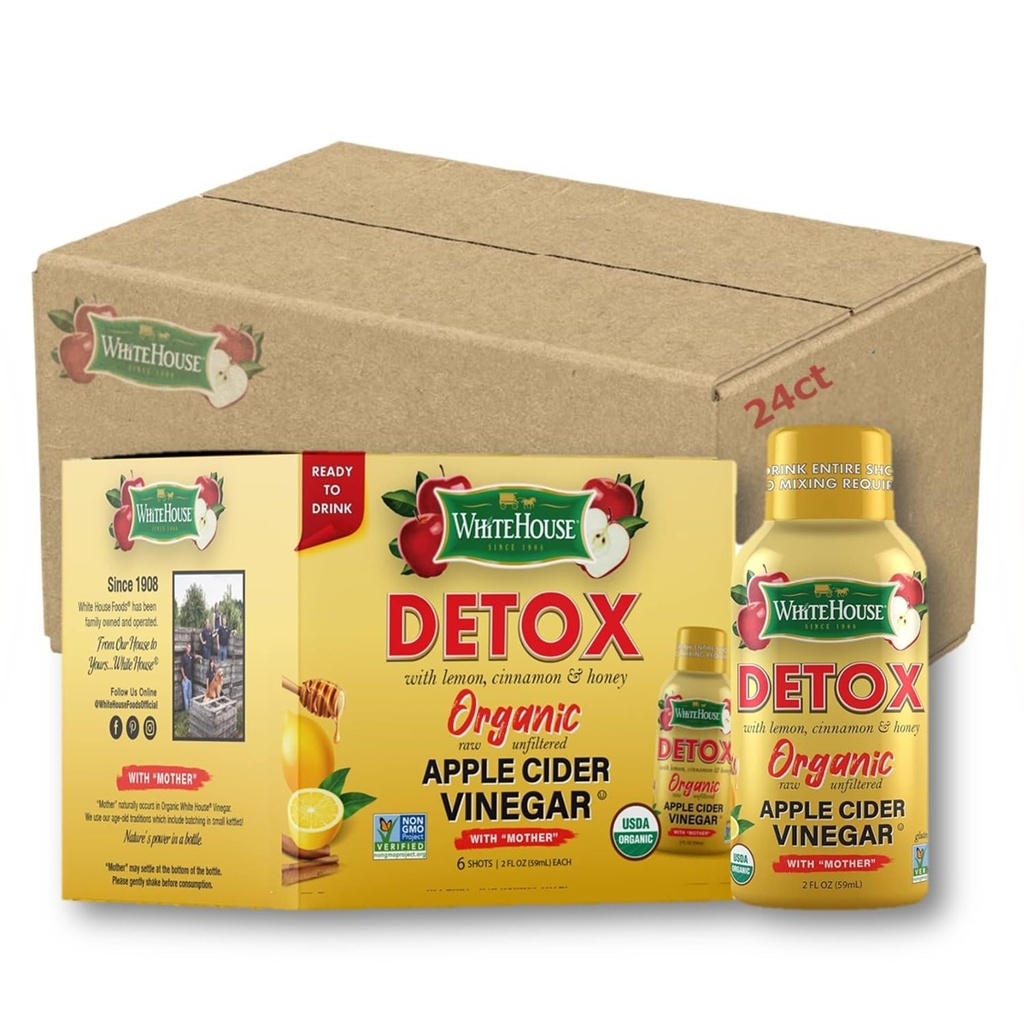 Détox de la Maison Blanche Tirs de vinaigre de cidre de pomme, brut non filtré, en route (détox, paquet de 24)