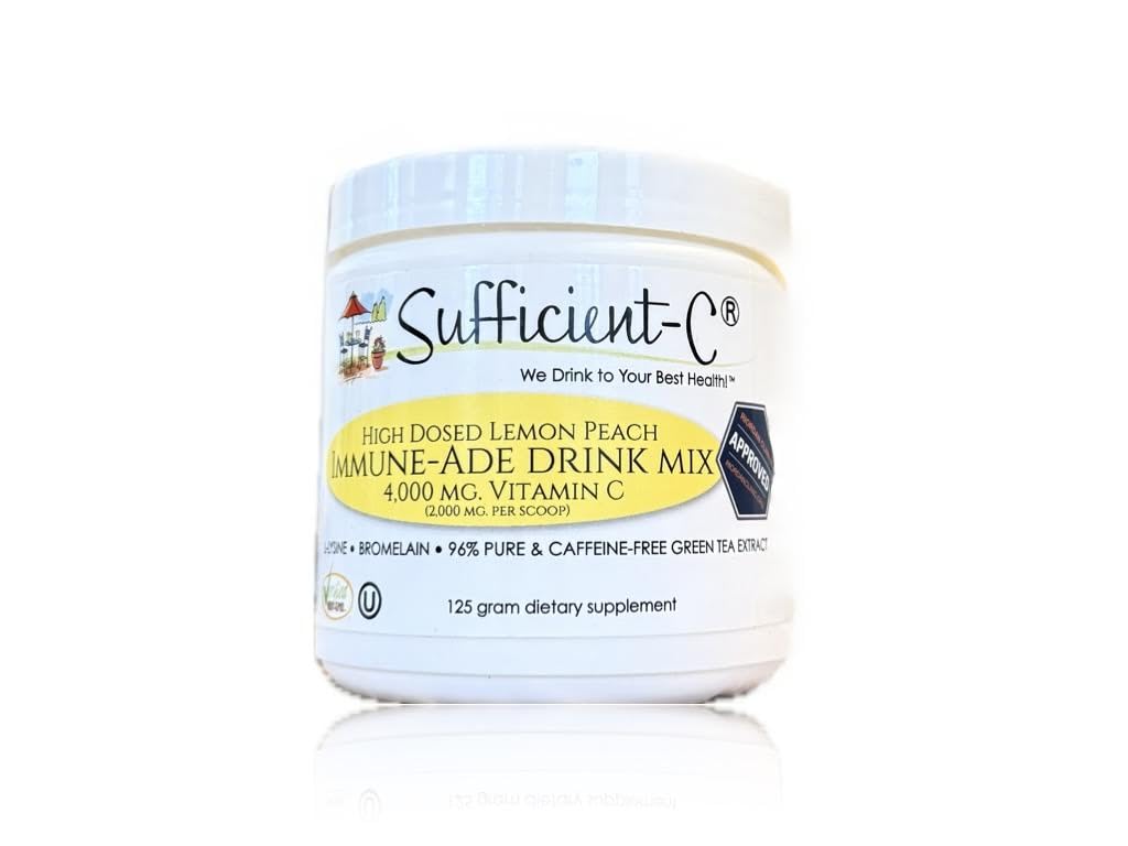 Sufficient-C High Dose Non-GMO Vitamin C Lemon Peach Immun-Ade Drink Mix, Günstig 125 Gramm Größe w/L-Lysin, Bromelain & a Premium 96% Pure Green Tea Extract - Stomach Friendly, Adrenal Supportive