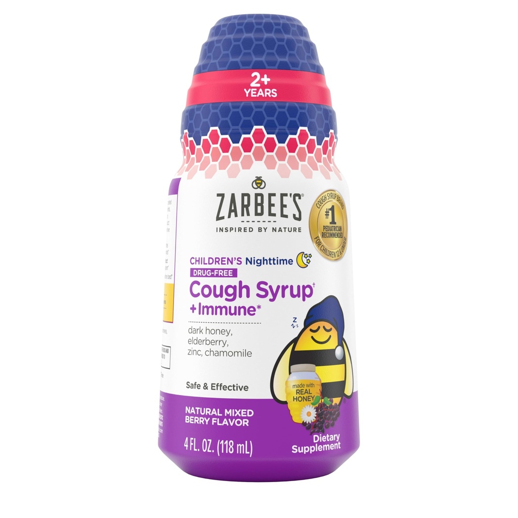 Zarbee's Children's Nighttime Honey Cough Sirop + Immune for Kids 2+, Sirop de Toux avec miel noir apaisant, baies de vie, vitamine D & zinc, et camomille, sans drogue, baie mixte, 4 fl. oz