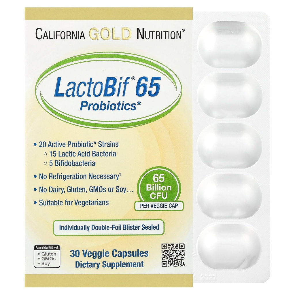 LactoBif probiotiques, 65 Bllion CFU, 20 souches probiotiques actives et cliniquement étudiées, sans soja, sans sucre, végétarienne, individuelle double feuille de plaquette scellée, 30 capsules de légumes
