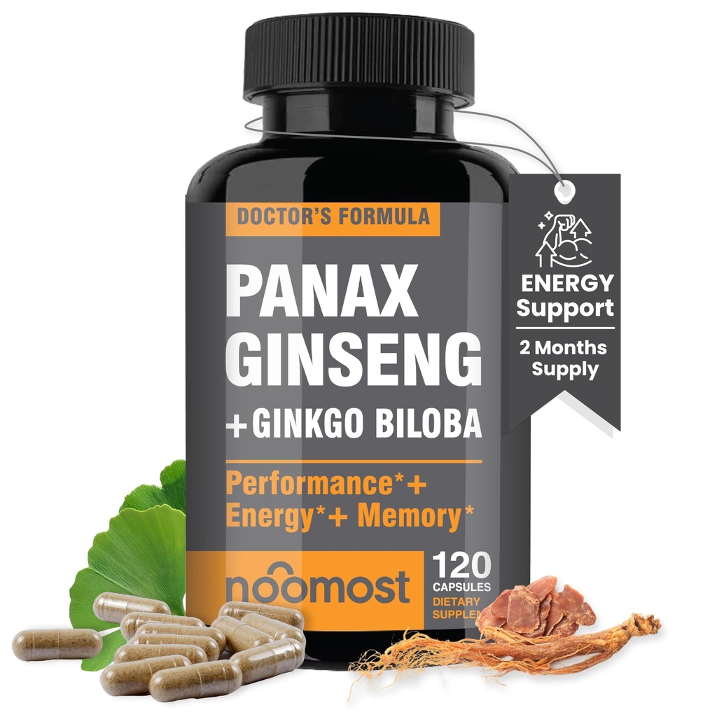 NooMost Authentic Korean Red Panax Ginseng + Ginkgo Biloba, 120 Vegan Capsules, Ginseng Root Extract Powder 1000mg (10% Ginsenosides) + Gingko Biloba 60mg, Energie und Fokus Pillen für Männer und Frauen