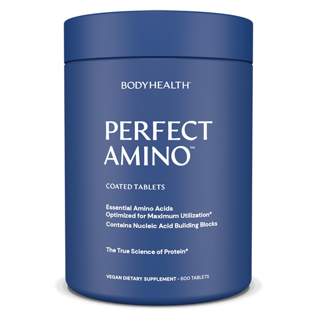 BodyHealth PerfectAmino (600 ct) Comprimés faciles à avaler, suppléments essentiels d'acides aminés avec BCAA, protéines véganes pour pré/post entraînement et récupération musculaire avec Lysine, Tryptophane, Leucine, méthionine