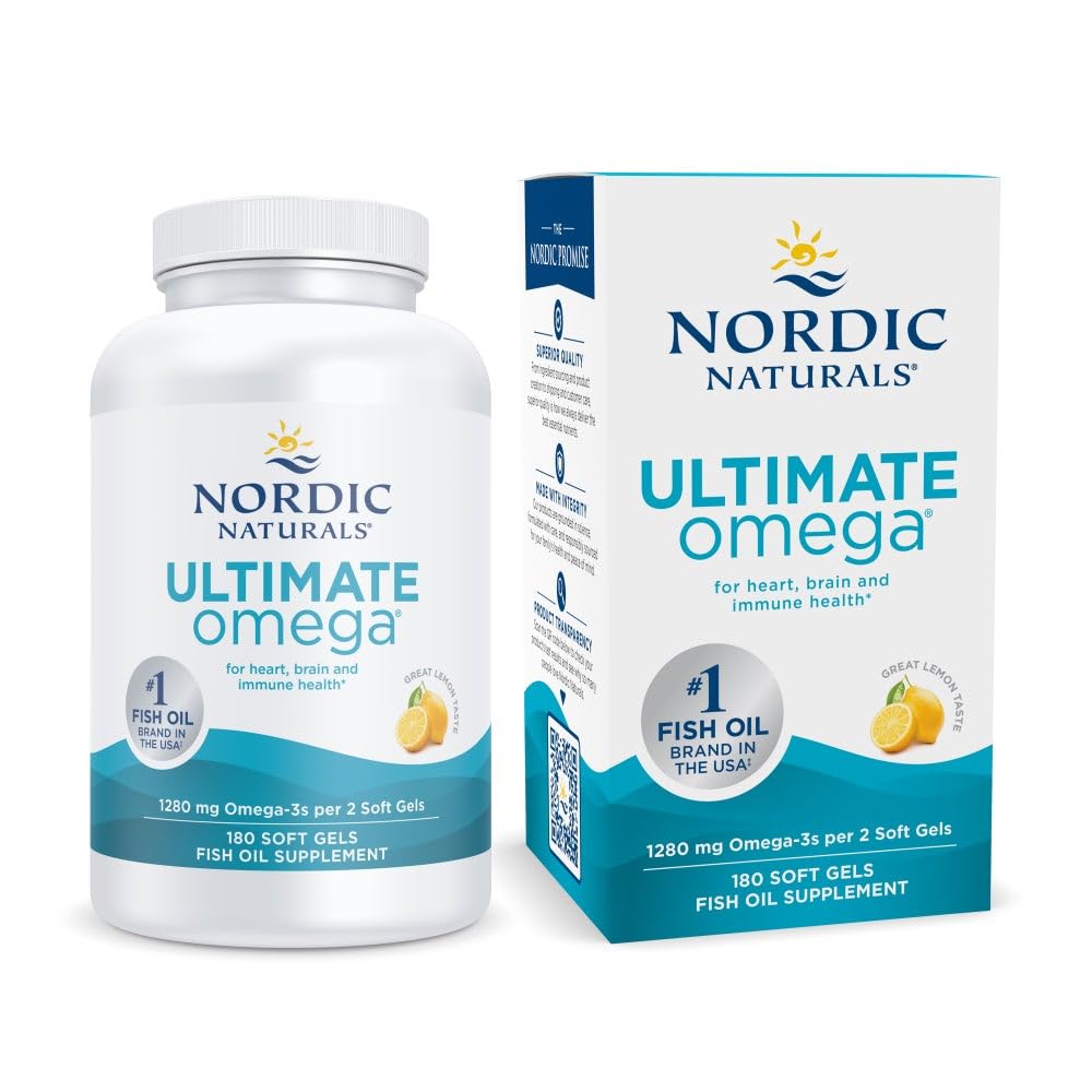 Nordic Naturals Ultimate Omega, Lemon Flavor - 180 gels mous - 1280 mg Omega-3 - Huile de poisson de haute puissance avec EPA et DHA - Promotion de la santé cérébrale et cardiaque - Non-OGM - 90 portions