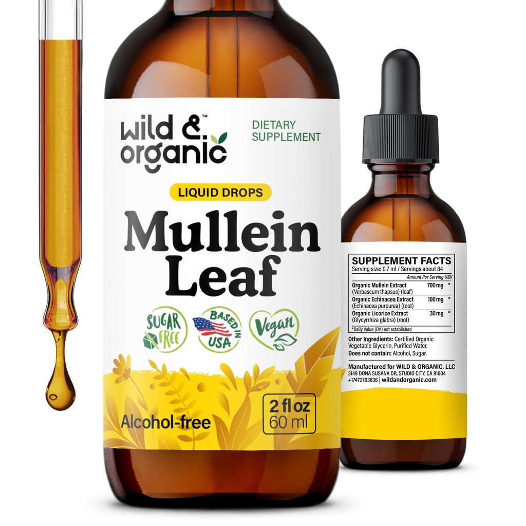 Wild & Organic Mullein Tropfen für Lunge - Lung Detox and Cleanse - Flüssige Mullein Blatt Tinktur mit Echinacea & Licorice Wurzel - Vegan, Zucker & Alkoholfreie Extraktergänzung - 2 fl oz