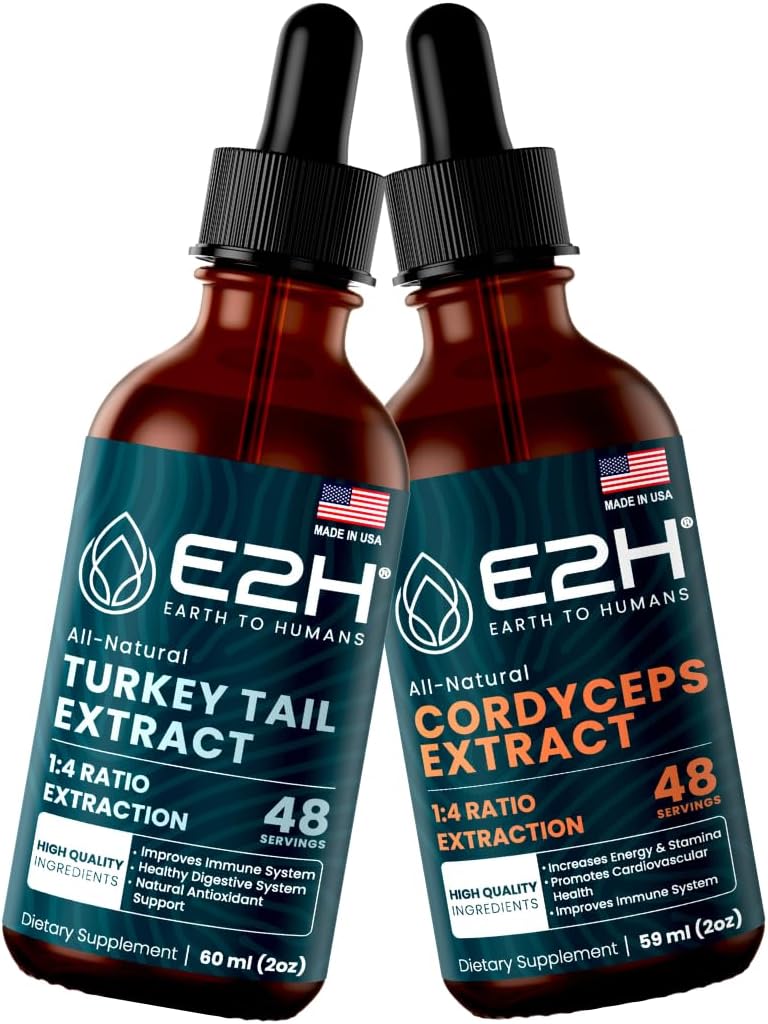 E2H: Turquie Tail & Cordyceps Extraits - Immuni Support, Focus, Mémoire, Clarté - Non-OGM, Vegan - 2 Fl Oz Chacun (4 Fl Oz Total) - Ensemble