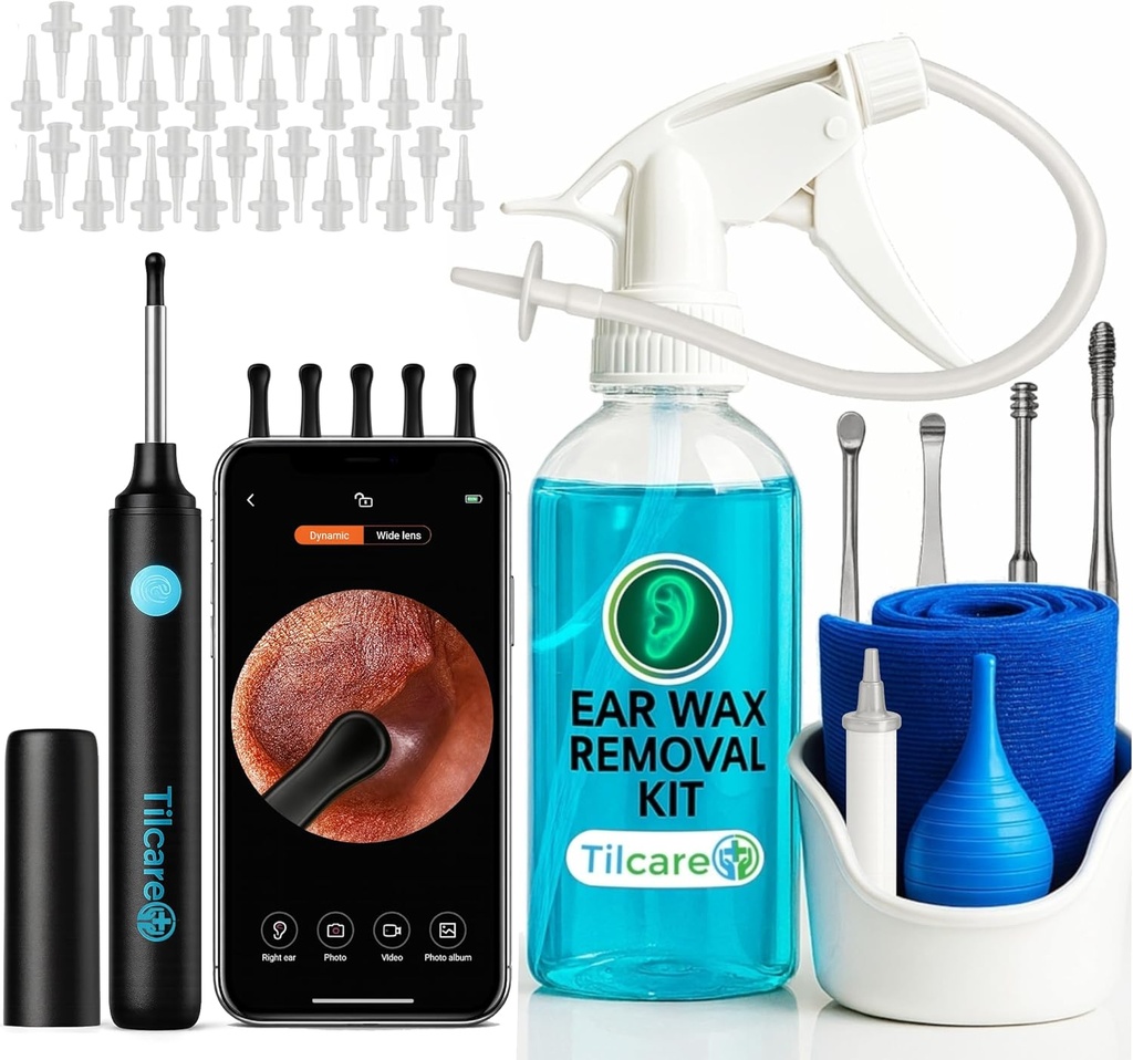 Ear Wax Removal Tool mit Ohr Kamera von Tilcare - Ohr Bewässerung Flushing System für Erwachsene & Kinder - Perfect Ear Cleaning Kit - umfasst Becken, Syringe, Curette Kit, Handtuch und 30 Einweg-Tipps