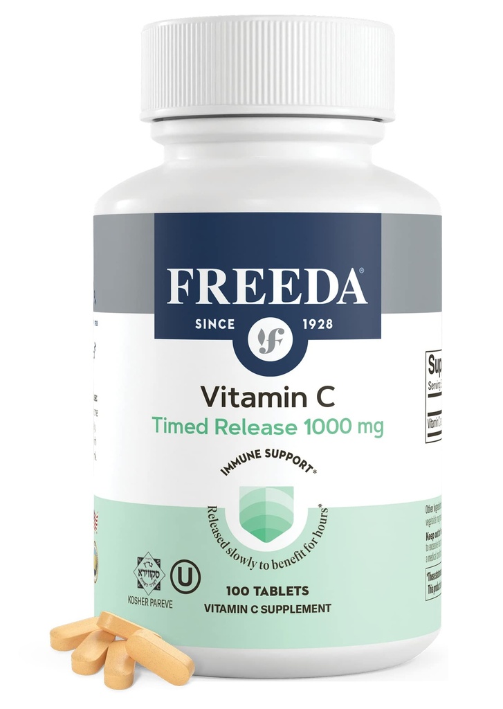FREEDA Timed Release Vitamin C 1000mg – Slow-Release für All-Day Immun- & Antioxidant-Unterstützung, Gentle on Stomach, Kosher & Vegan, High-Absorption Tabletten (100 Tabletten)