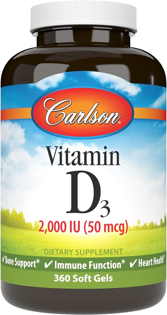 Carlson - Vitamin D3, 2000 IU (50 mcg), Knochengesundheit, Muskelgesundheit, Cholecalciferol, Vitamin D Nahrungsergänzungsmittel, Vitamin D3 Weichgele, 360 Softgele
