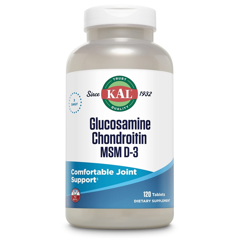 KAL Glucosamine Chondritine MSM D-3, Supplément de soutien conjoint, 1 500 mg de sulfate de glucosamine, 1 200 mg de sulfate de glucosamine, 1 000 mg de MSM, plus vitamine D3 et vitamine C, 40 portions, 120 comprimés
