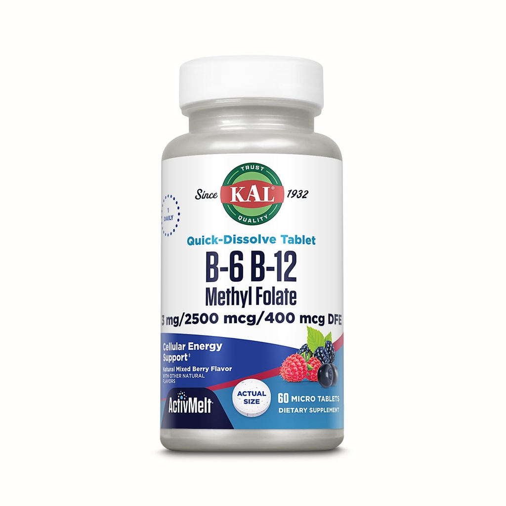KAL Vitamin B-6 B-12 Methyl Folat ActivMelt, Vitamin B Supplement, Herzgesundheit, Energie und Rote Blutzelle Unterstützung mit Methyl B12 und DFE-Folsäure, Natürliche Berry Flavor, 60 Servierungen, 60 Micro Tabs