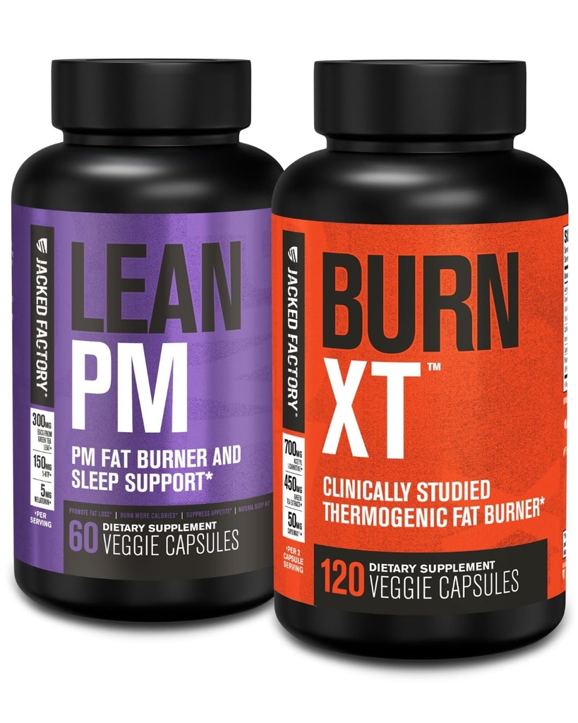 Jacked Factory Lean PM Night Time Fat Burner, Sleep Aid Supplement, & Appetite Suppressant (60 Capsules) & Burn-XT Clinically Studied Fat Burner & Weight Loss Supplement (120 Capsules)