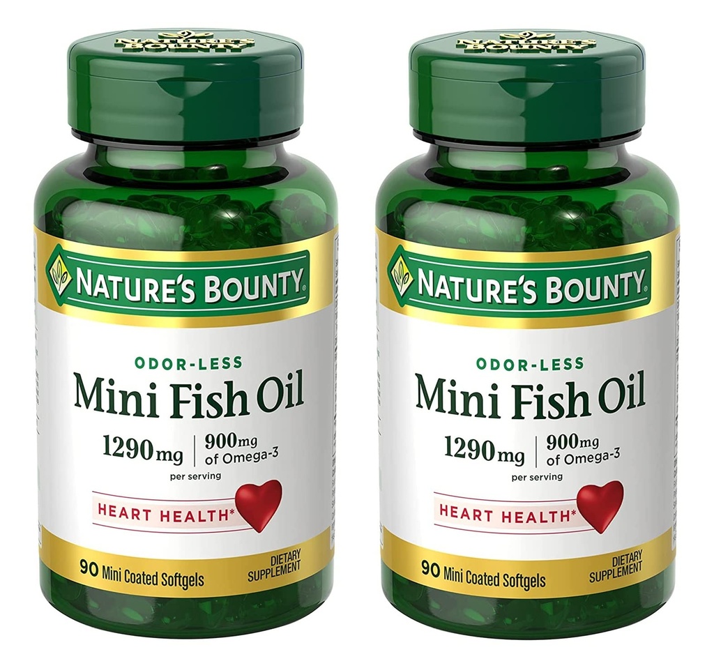 Nature's Bounty Mini Fish Oil Softgels 1290 mg, Omega-3, unterstützt Herzgesundheit, Odor-Less, 90 Mini Coated Softgels - Paket von 2