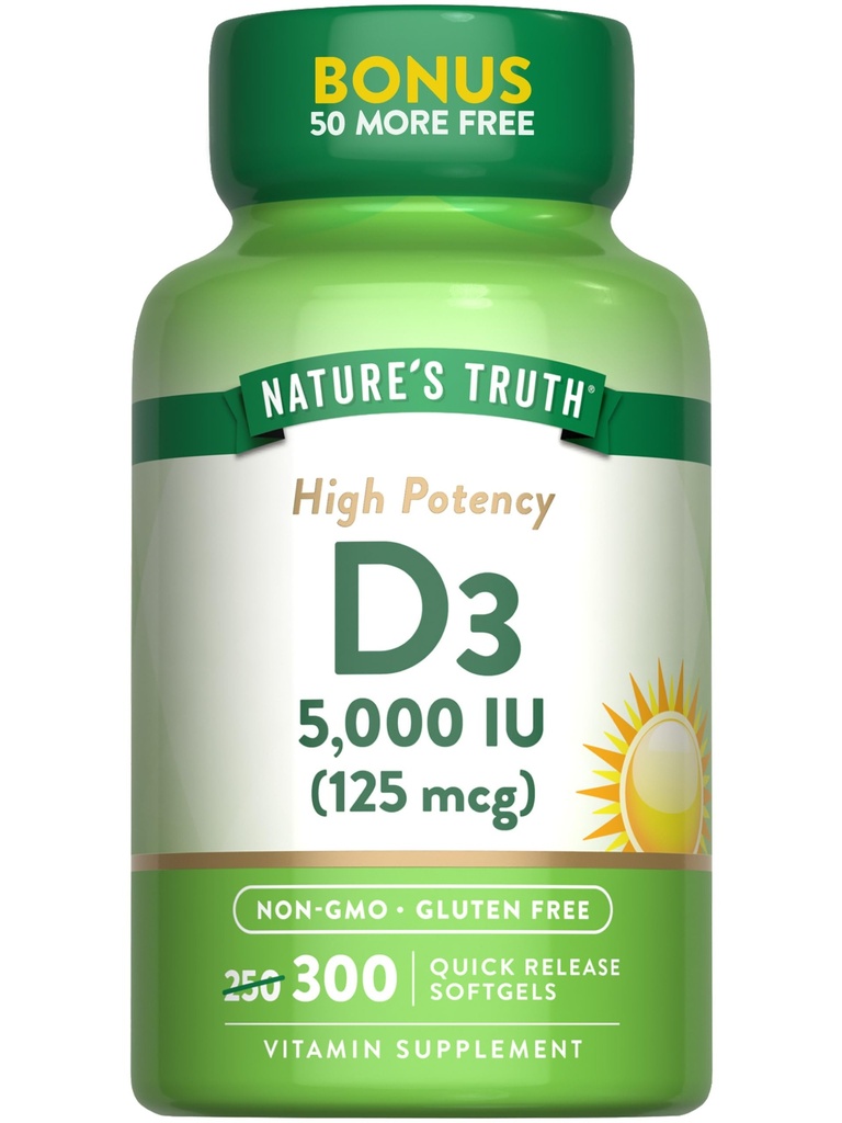 Nature's Truth Vitamin D3 5000 IU (125 mcg) | 300 Softgels | Hohe Potenz Vitamin D | Nicht-GVO und Glutenfreie Ergänzung