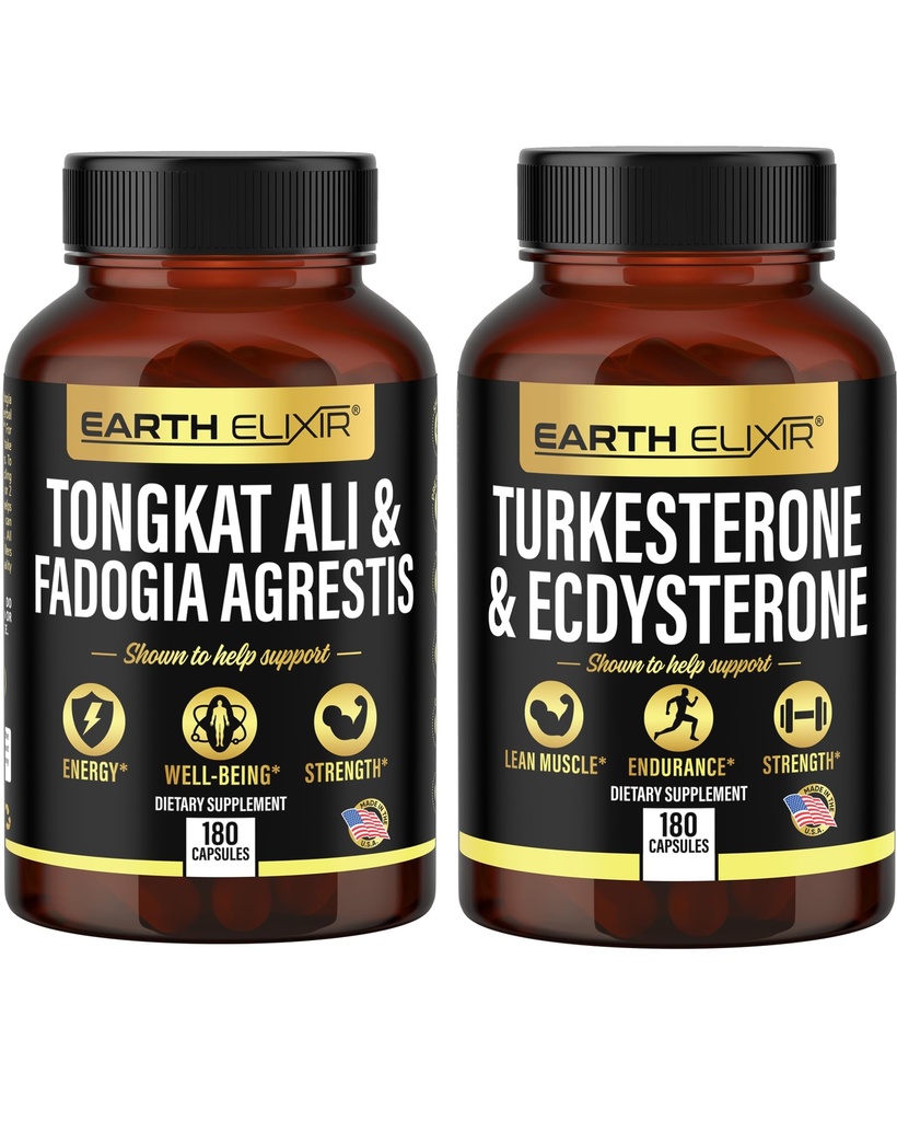 Earth Elixir Fadogia Agrestis 600mg und Tongkat Ali 500mg + Turkesterone1000mg und Ecdysterone 1000mg Zubehör (180 Kapseln) Bundle